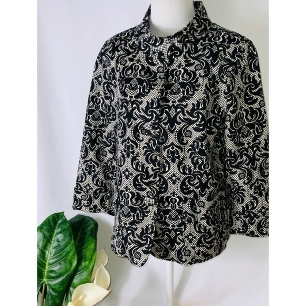 Talbots Black & Cream Heavy Textured  Mandarin Career Blazer Jacket Pockets 10
